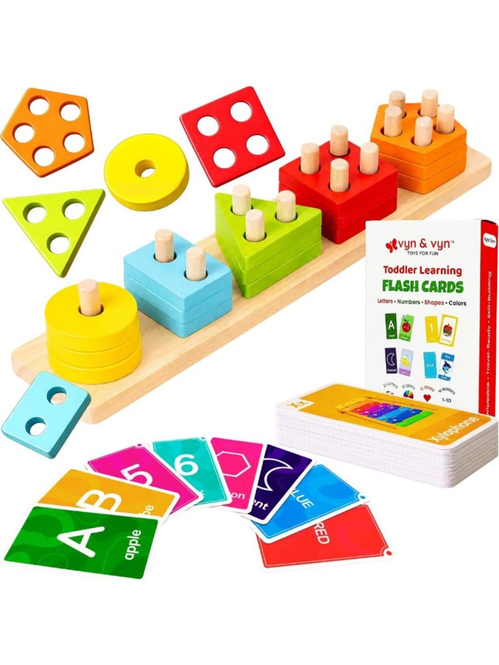 2-in-1 Wooden Shape Sorter & Flash Cards for Toddlers, Educational Stacking Toy